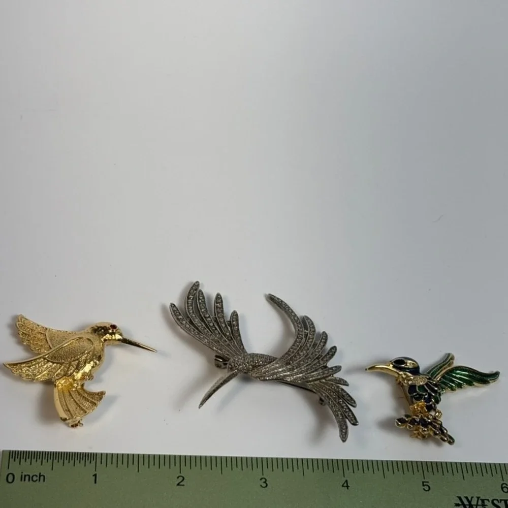 Brooch Lot Hummingbirds Vintage Silver Tone Green Painted Gold Tone‎ 2 inch